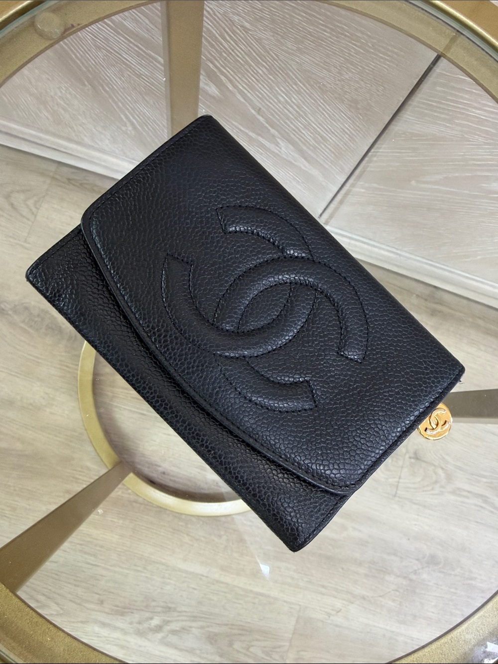 CHANEL Black Quilted Caviar Leather Wallet-On-Chain with Gold CC Charm